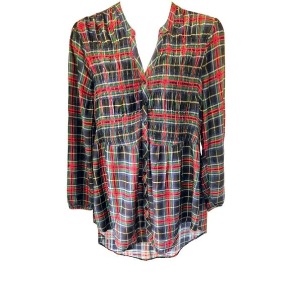 TORRID Plus Size Babydoll Twill Smocked Button Front Plaid Hi-Lo Hem Tunic 2X - Picture 2 of 16